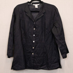 Nikki Valenti Irish linen embroidered black button up shirt shacket-14